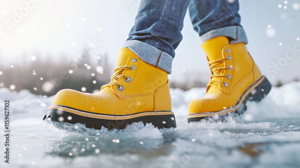 Fototapeta Yellow boots with sturdy soles walking on icy terrain, paired with rolled-up jeans, surrounded by a snowy outdoor setting and soft falling snowflakes