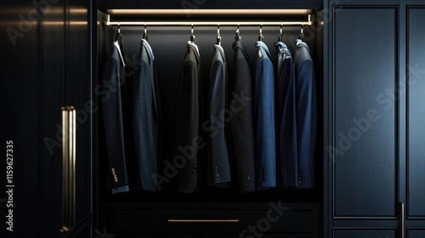 Fototapeta Luxury Mens Wardrobe Dark Suits, Gold Accents, Elegant Closet