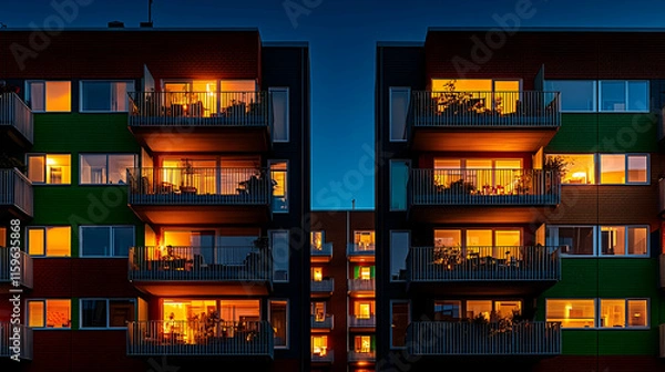 Obraz Two illuminated apartment buildings at night, symmetrical view showing warm interior lights in windows and balconies.