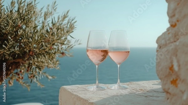 Fototapeta Cold rose Provencal wine in glass served in sunlights on outdoor terrace with view on old fisherman's harbour