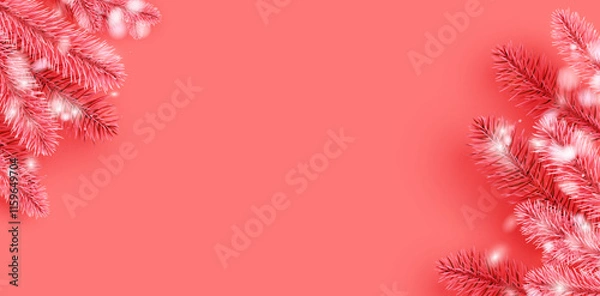 Fototapeta Elegant red pine branches with glowing lights arranged on a vibrant red background. Perfect for Christmas and holiday designs.