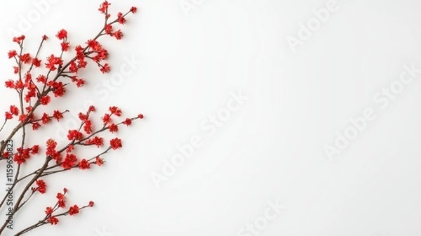 Fototapeta Delicate Red Blossom Branches on a Minimalist White Background Perfect for Spring Themes, Decor, and Nature-Inspired Designs