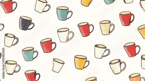 Fototapeta Vector seamless pattern of cups of coffee. Chaotic cups