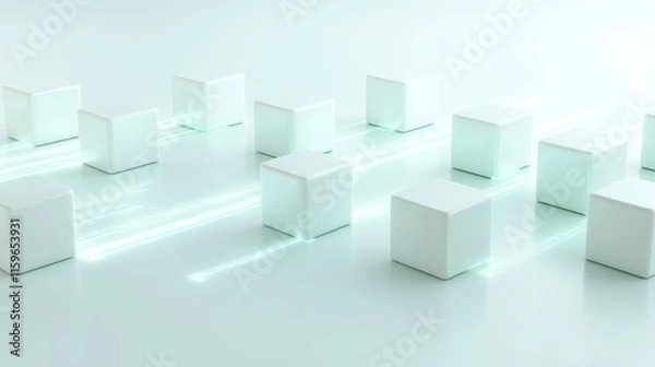 Fototapeta Abstract composition of white cubes arranged on a reflective surface with glowing lines and soft lighting creating a modern, futuristic aesthetic suitable for contemporary design projects.