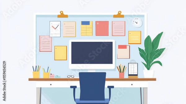 Fototapeta Realistic cork board with memo papers. Vector illustration of bulletin with pinned message stickers, weekly schedule planner, to-do list sheet, blank color sticky notes. Time management template