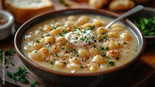 Fototapeta Bowl of Chowder Being Garnished with a Spoonful of Herbs