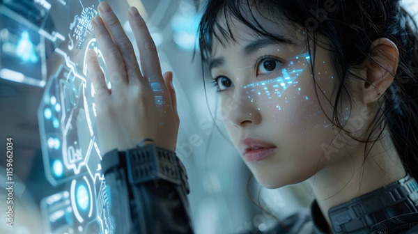 Fototapeta woman exploring interactive holographic display, highlighting the role of futuristic technology in shaping the future of communication and innovation
