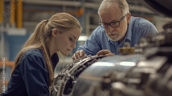 Fototapeta A young female apprentice and an older, experienced male engineer collaborate closely, meticulously inspecting and potentially repairing a complex aircraft engine component within a hangar setting.