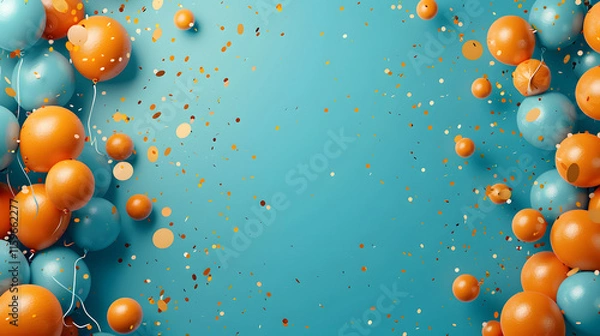 Obraz blue and orange balloons against a teal backdrop with flying confetti representing the perfect party scene, filled with celebratory energy and festive decorations

