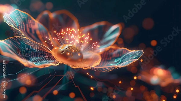 Obraz digital flower with circuit-like petals in vibrant colors representing the intersection of organic beauty and modern digital technology in creative design
