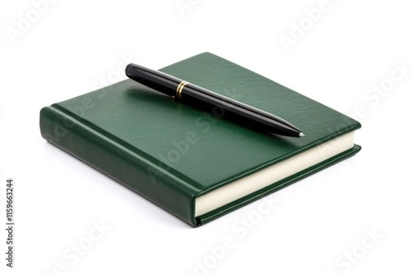 Fototapeta Vibrant Green Notebook and Pen Resting on a Fresh White Surface for Creative Writing