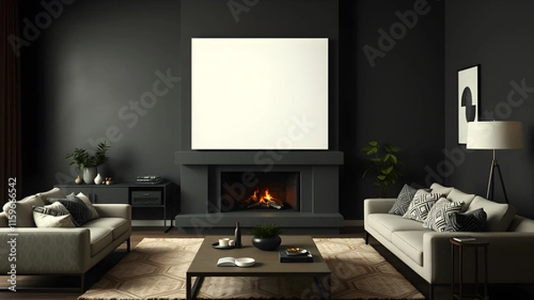Fototapeta A living room with a fireplace and two couches