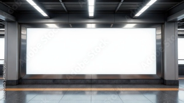 Fototapeta Clean subway platform mockup with a white billboard, perfect for displaying creative advertisements and banners.