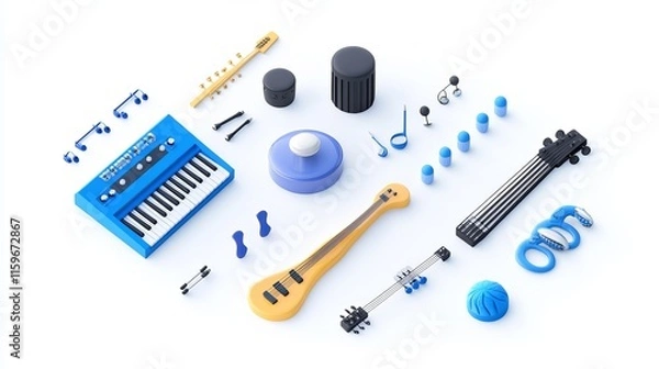 Fototapeta Set of colorful 3D icons of various musical instruments and accessories
