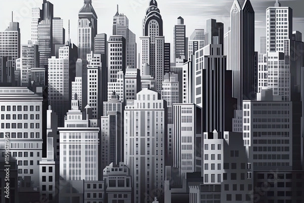 Fototapeta Monochrome urban skyline with skyscrapers in geometric precision