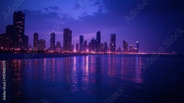 Fototapeta Illuminated Urban Skyline at Night with Vibrant Colors