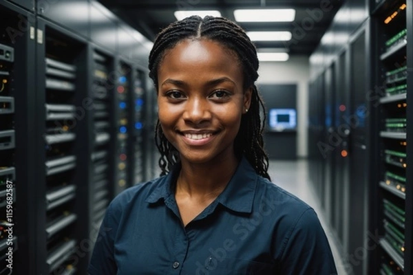 Obraz Close portrait of a smiling young Malawian female IT worker looking at the camera, against dark server room blurred background.
