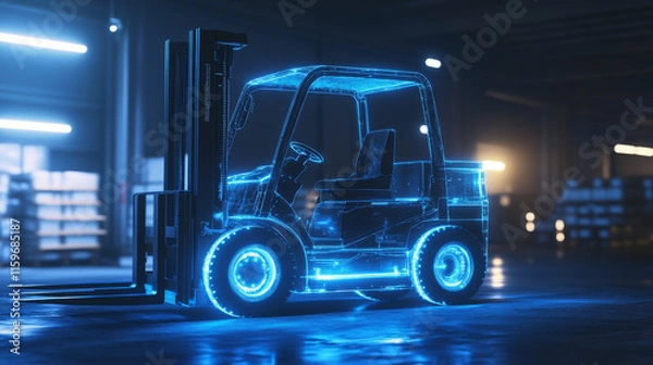 Fototapeta Hologram forklift. A holographic projection of a forklift. Flickering energy flux of particles. The scientific design of the logistics