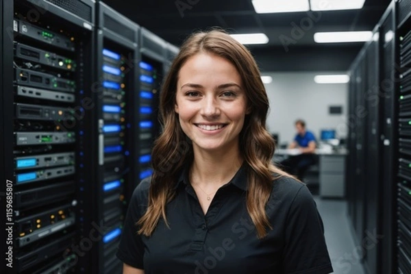 Obraz Close portrait of a smiling young New Zealander female IT worker looking at the camera, against dark server room blurred background.
