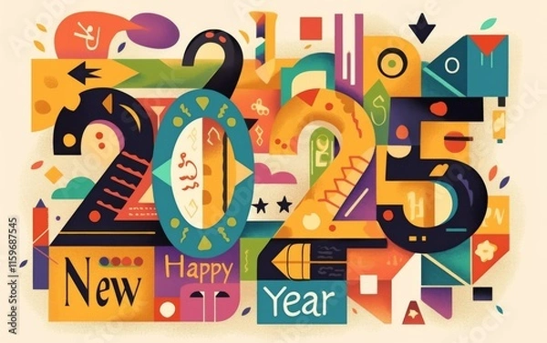 Fototapeta Bold and Colorful "2025" with Geometric Patterns on Cream-Colored Background, Flat Illustration Style.
