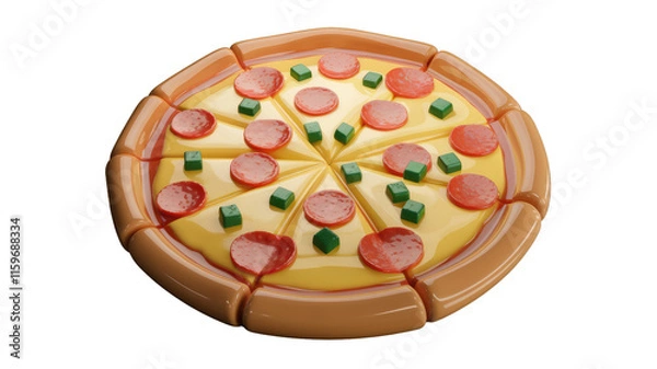 Fototapeta Cartoon-style pepperoni pizza with green peppers, 3D render. background removed