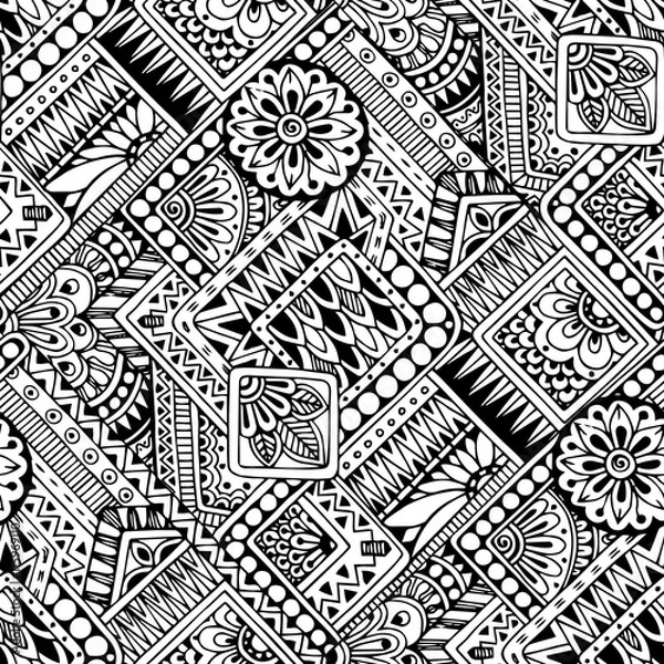Fototapeta Seamless asian ethnic floral retro doodle black and white background pattern in vector. Henna paisley mehndi doodles design tribal black and white pattern.