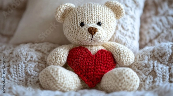 Fototapeta A cute knitted teddy bear holding a red heart, surrounded by a cozy, textured blanket.