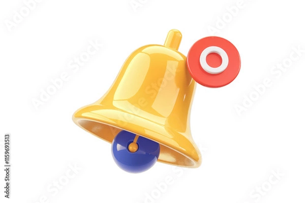 Fototapeta 3D render of a yellow bell with a red notification circle, indicating an alert or reminder. background removed
