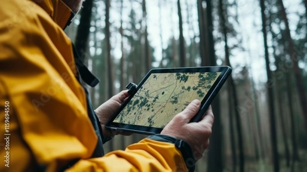 Obraz A surveyor using a computer tablet to view a map of the forest topography. surveying of land.
