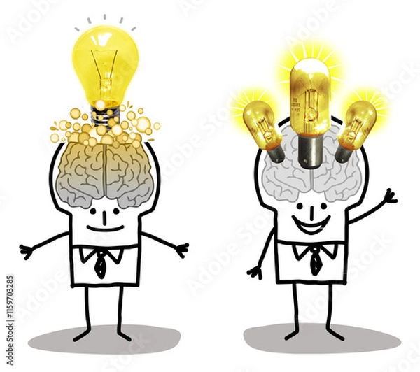 Obraz Set of 2 illustrations - Cartoon hand drawn stick characters with big brain - photographic collage - Lights and ideas concepts