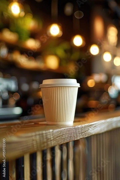 Fototapeta White coffee cup sits on a wooden counter in a dimly lit bar. The cup is covered with a plastic lid, and the bar is filled with various items such as potted plants, cups, and bottles