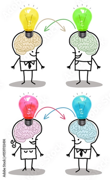 Obraz Set of 2 illustrations - Cartoon hand drawn stick characters with big brain - photographic collage - Exchanging new different ideas concept