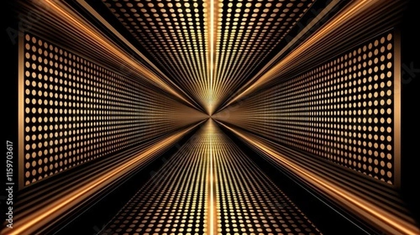Fototapeta Abstract gold and black tunnel with light streaks and dot matrix walls.