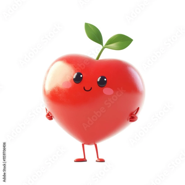 Fototapeta Cute cartoon heart character with smiling face and green leaf