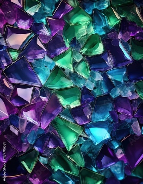Fototapeta エメラルドグリーンから深い紫、コバルトブルーまでの色彩が広がるカラフルなガラス片のきらめくモザイク。反射と多面体が光の効果を生み出し、優雅さ、神秘、驚きの感覚を呼び起こします。


