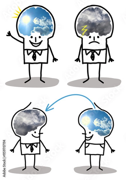 Obraz Set of 3 illustrations - Cartoon hand drawn stick characters with big brain - photographic collage - Optimistic and depressive concepts