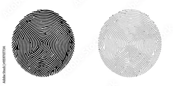 Fototapeta Fingerprint Scan:  High-resolution graphic design of two fingerprint scans, one in black and one in gray, offering a unique design element for security and identity concepts. 