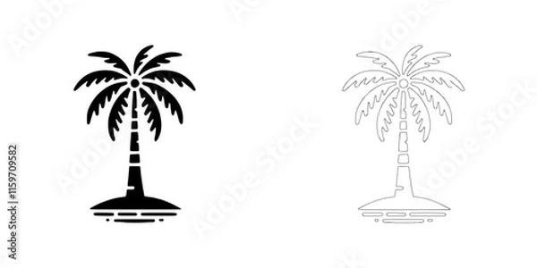 Fototapeta Palm Tree Island Paradise:  Two stylish palm tree illustrations, one solid and one outlined, perfect for summer branding or tropical designs. 