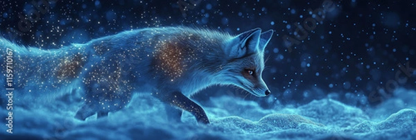 Obraz A celestial fox with stars embedded in its fur, playfully running through the night sky, symbolizing mystery and cosmic connection.  