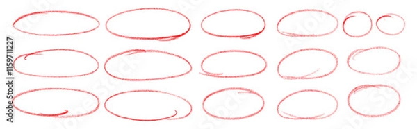 Fototapeta Red pen drawn marks, red circle set, highlight circle. Charcoal pen round ovals. Set of doodle ellipses. Scribble ovals, marker round elements isolated on a white background.