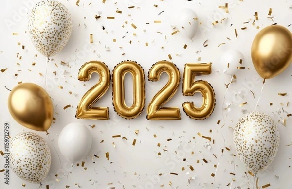 Fototapeta Golden "2025" numbers in the center, surrounded by colorful balloons and confetti, creating a festive atmosphere for New Year's Day celebration.