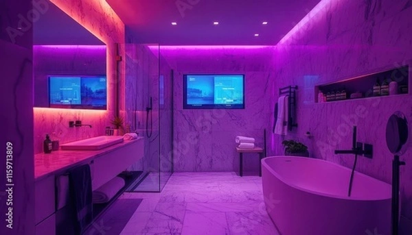 Fototapeta Luxury bathroom with a holographic mirror display showing weather and news, sleek marble surfaces, soft neon lighting, modern tech-infused atmosphere