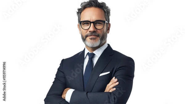 Obraz Confident middle-aged businessman in formal attire standing with arms crossed against a transparent background, showcasing professionalism and authority