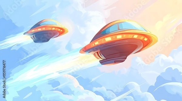 Obraz Two futuristic flying saucers soaring through a bright, cloud-filled sky.