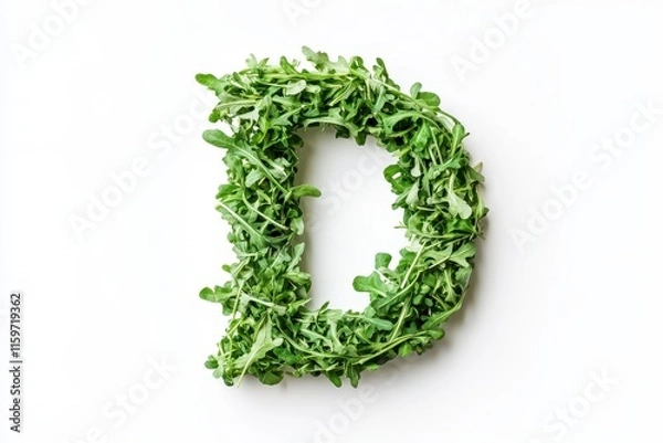 Fototapeta A capital D shaped from fresh green arugula sprouts against a white backdrop
