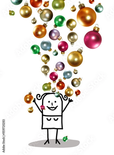 Obraz Hand drawn Cartoon stick Woman Throwing Up a Colorful Christmas Balls bunch - photographic collage