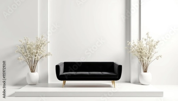 Fototapeta  A black sofa with gold legs sits on a white platform, flanked by two white vases with white flowers, against a white wall with a vertical line.