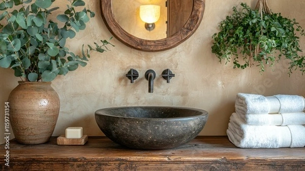 Fototapeta This image showcases a beautifully designed bathroom sink surrounded by greenery and natural materials, creating a serene atmosphere.