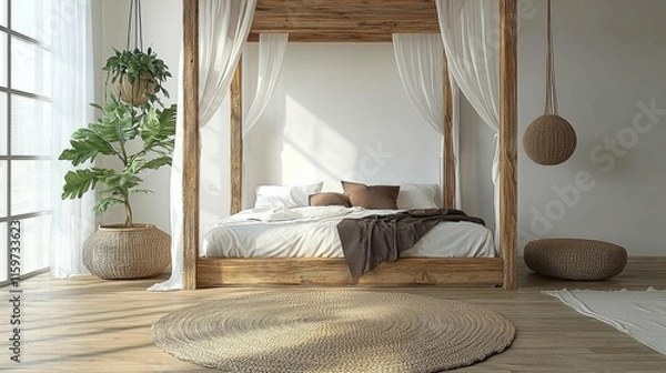 Fototapeta This image showcases a serene bedroom with natural wooden elements, large windows, and plants, promoting a sustainable lifestyle.