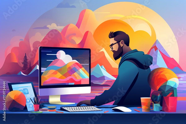Fototapeta Designer working at computer with vibrant mountain artwork